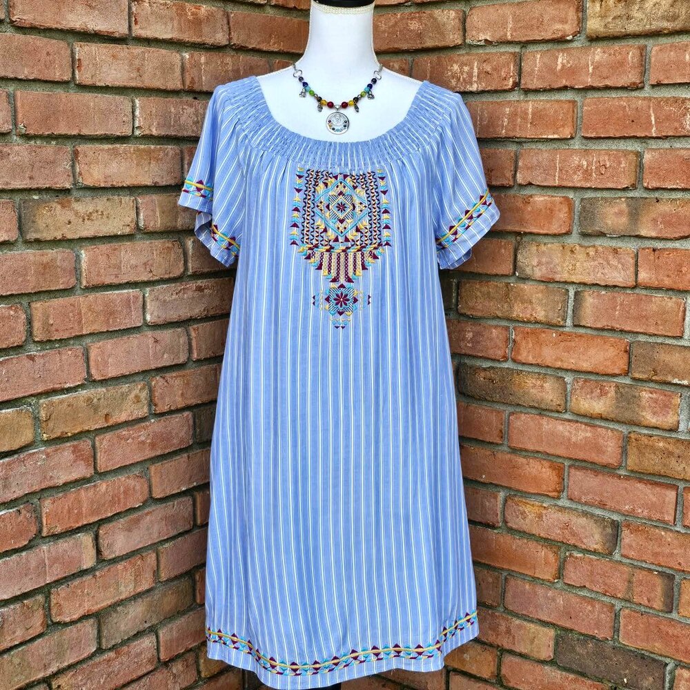 Andree by UNIT Dress. Blue White Striped Colorful Southwestern Embroidery Size M - Picture 4 of 15